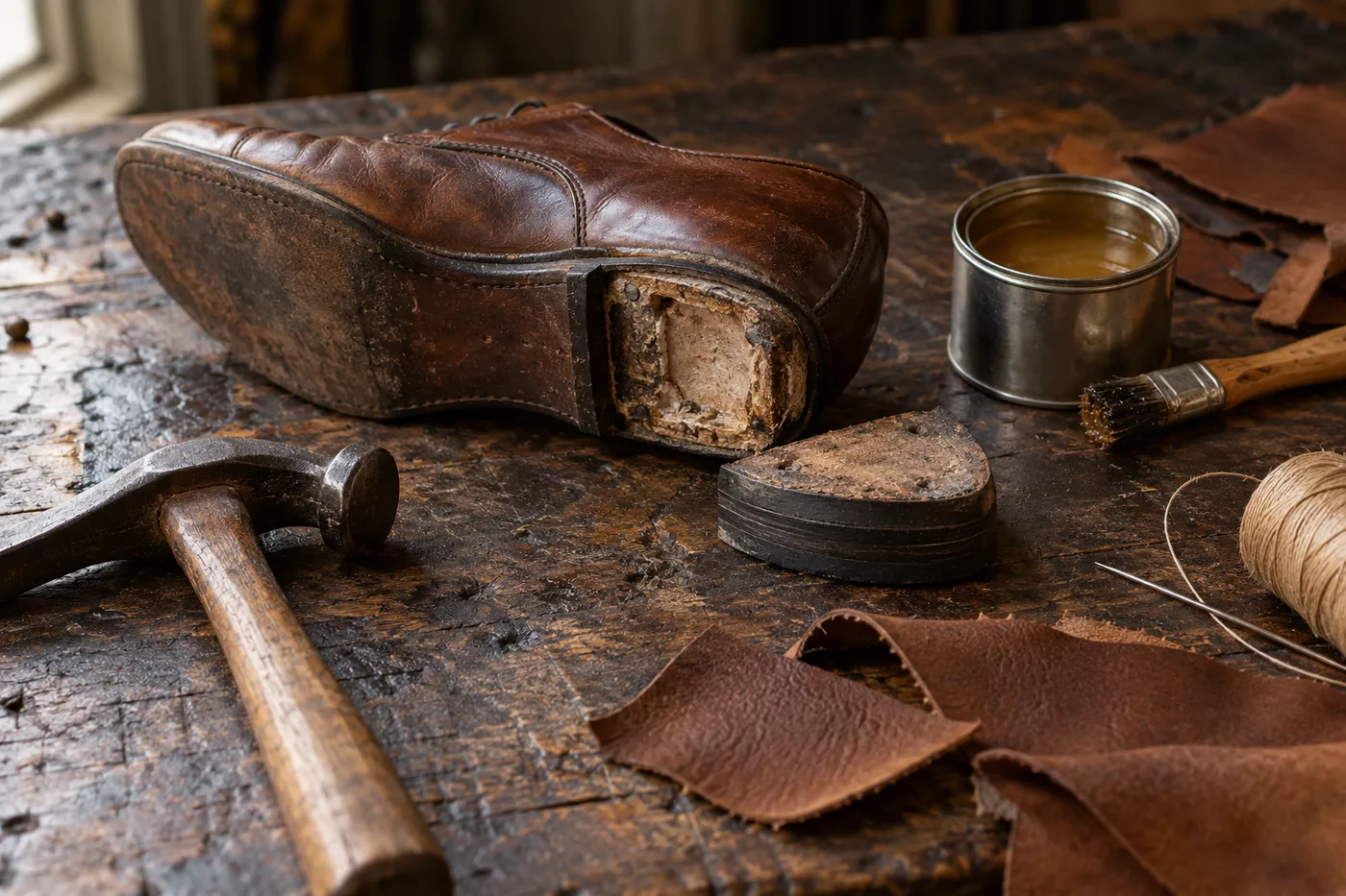 Illustration: Schusterwerkbank mit einem liegenden Lederschuh ohne Absatz, Hammer, Klebstoffdose mit Pinsel, Lederresten und Garn